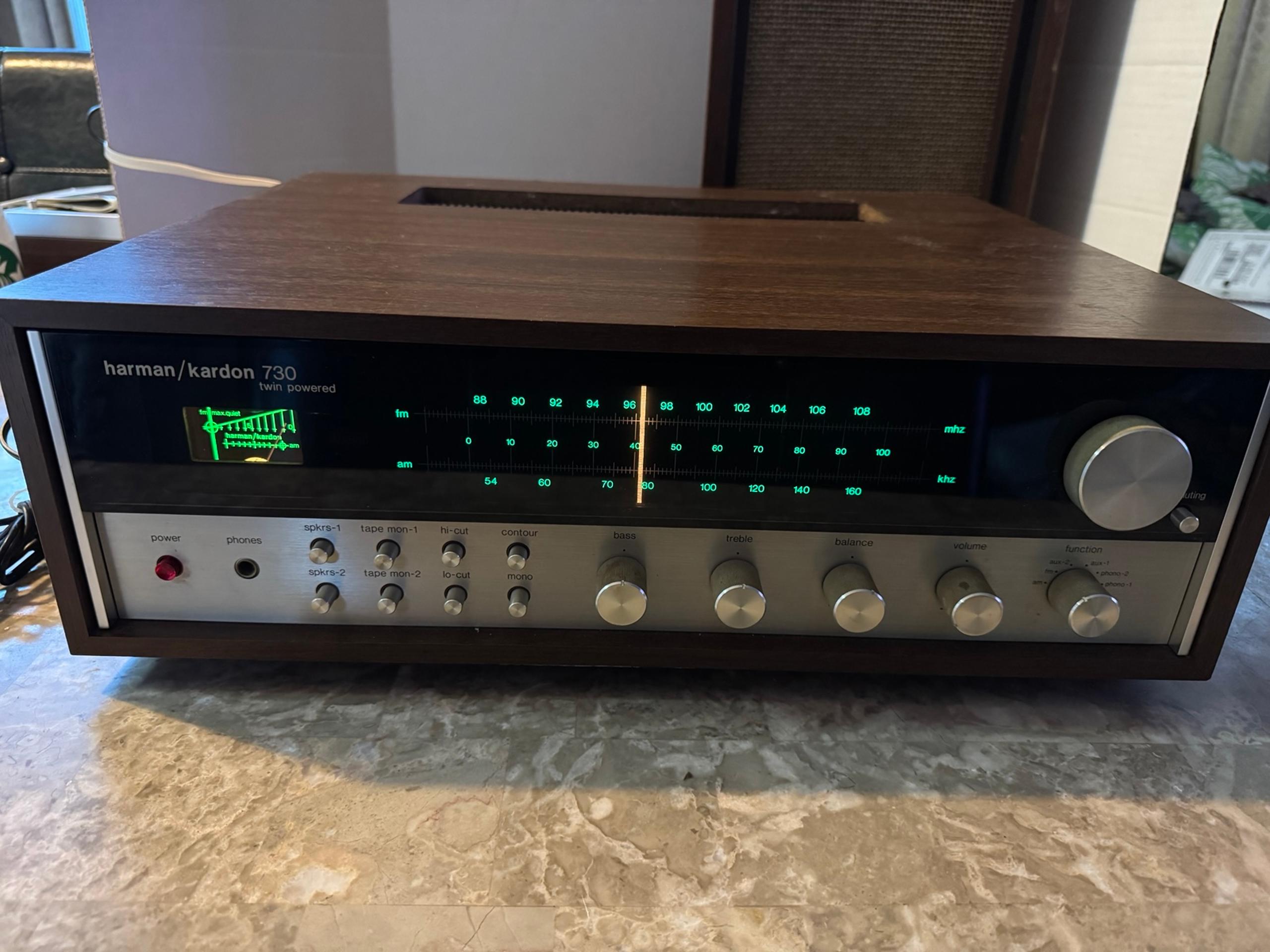 Vintage Harman Kardon 730 Twin Powered Stereo Receiver Walnut Case Working Read