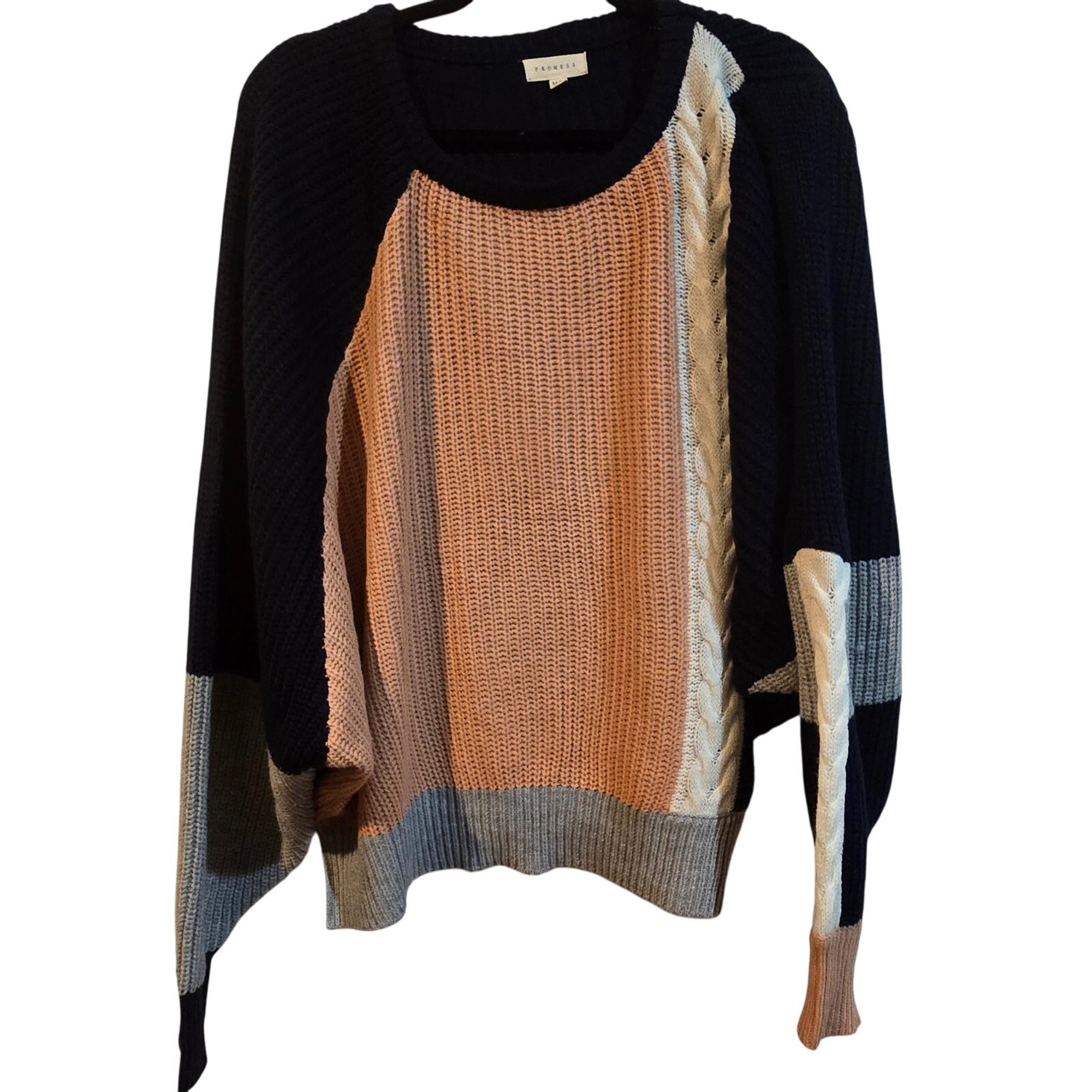 Promesa Pullover Sweater Ribbed TriColor Navy Blue Peach Cream Women's M/L