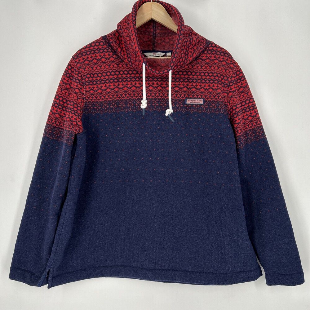 Vineyard Vines Sweater Womens L Blue Red Fair Isle Funnel Neck Pullover Fleece