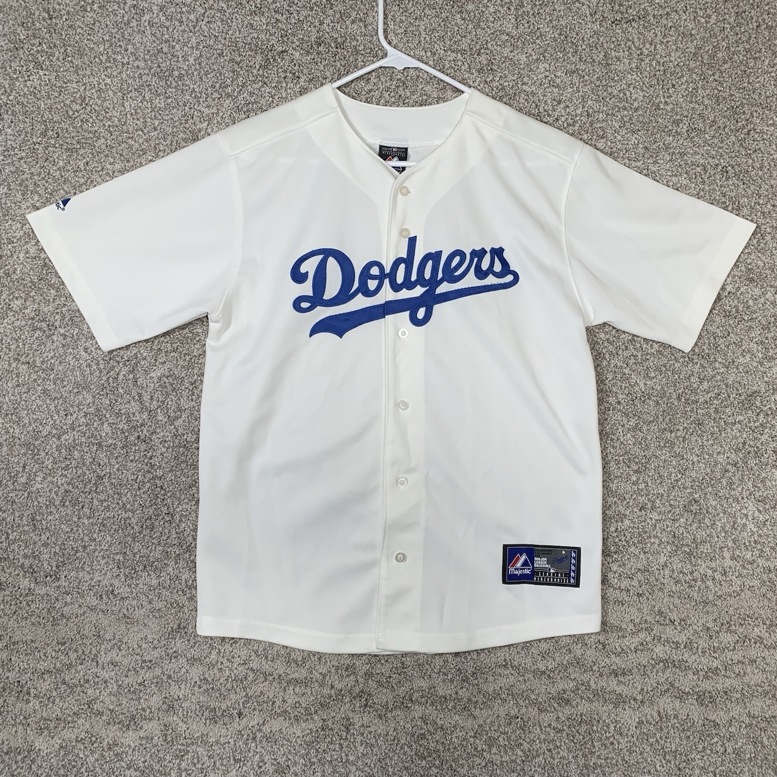 Dodgers Majestic Jersey Men's Small White Los Angeles MLB Stitched Logo Baseball