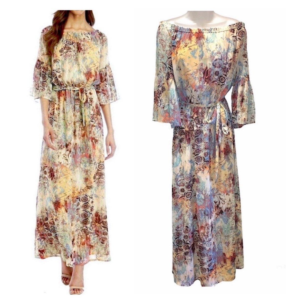 Nine West Sand Dune Boho Abstract Tie Waist Off the Shoulder Maxi Dress 6