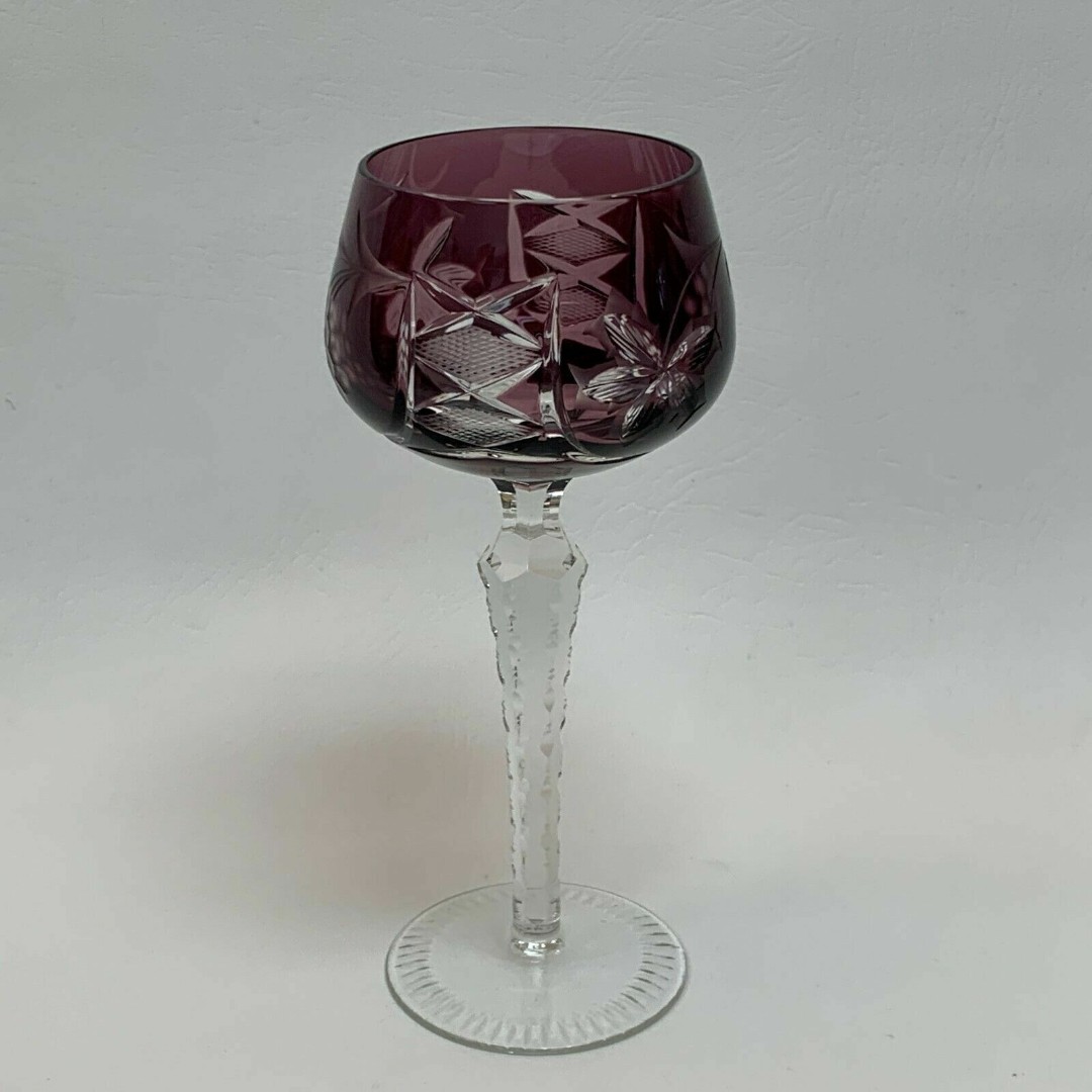 Lausitzer Cut Glass Wine Stem Purple Amethyst Grapes Crisscross 7 5/8 High
