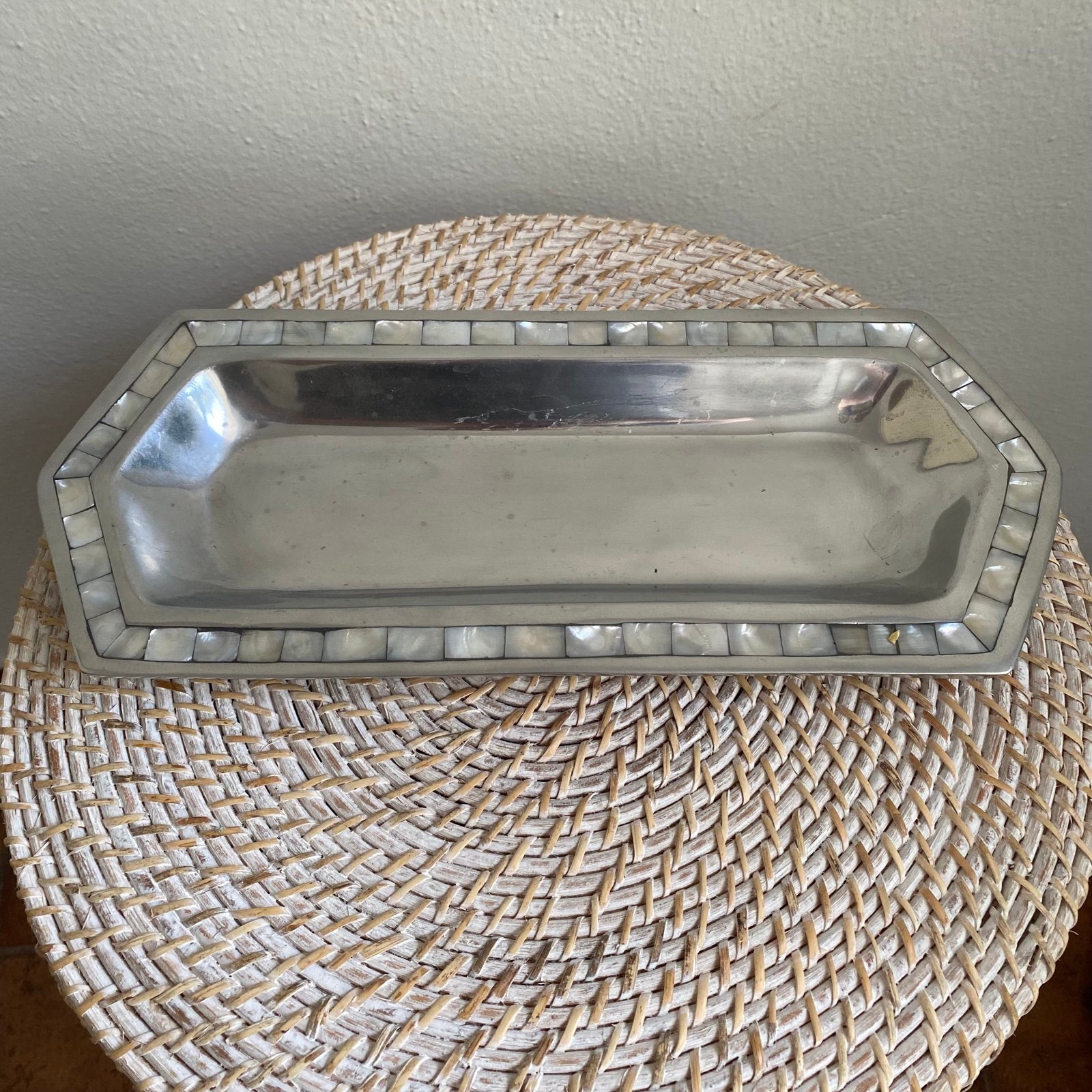 Mother of Pearl Inlay Long Silver Color Tray