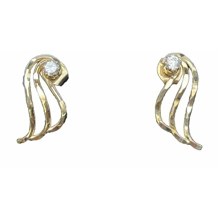 14K Gold Hammered Wing Wave Feather W/ Rhinestone Post Earrings Stamped SG