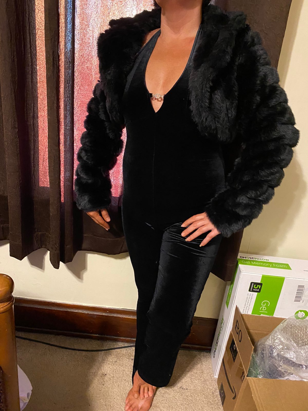 Pant suit with faux fur cropped fur jack