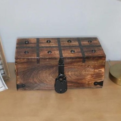 12 x 6 x 5.5 inches Wooden Storage Chest Flat Lid with Antique Iron Lock