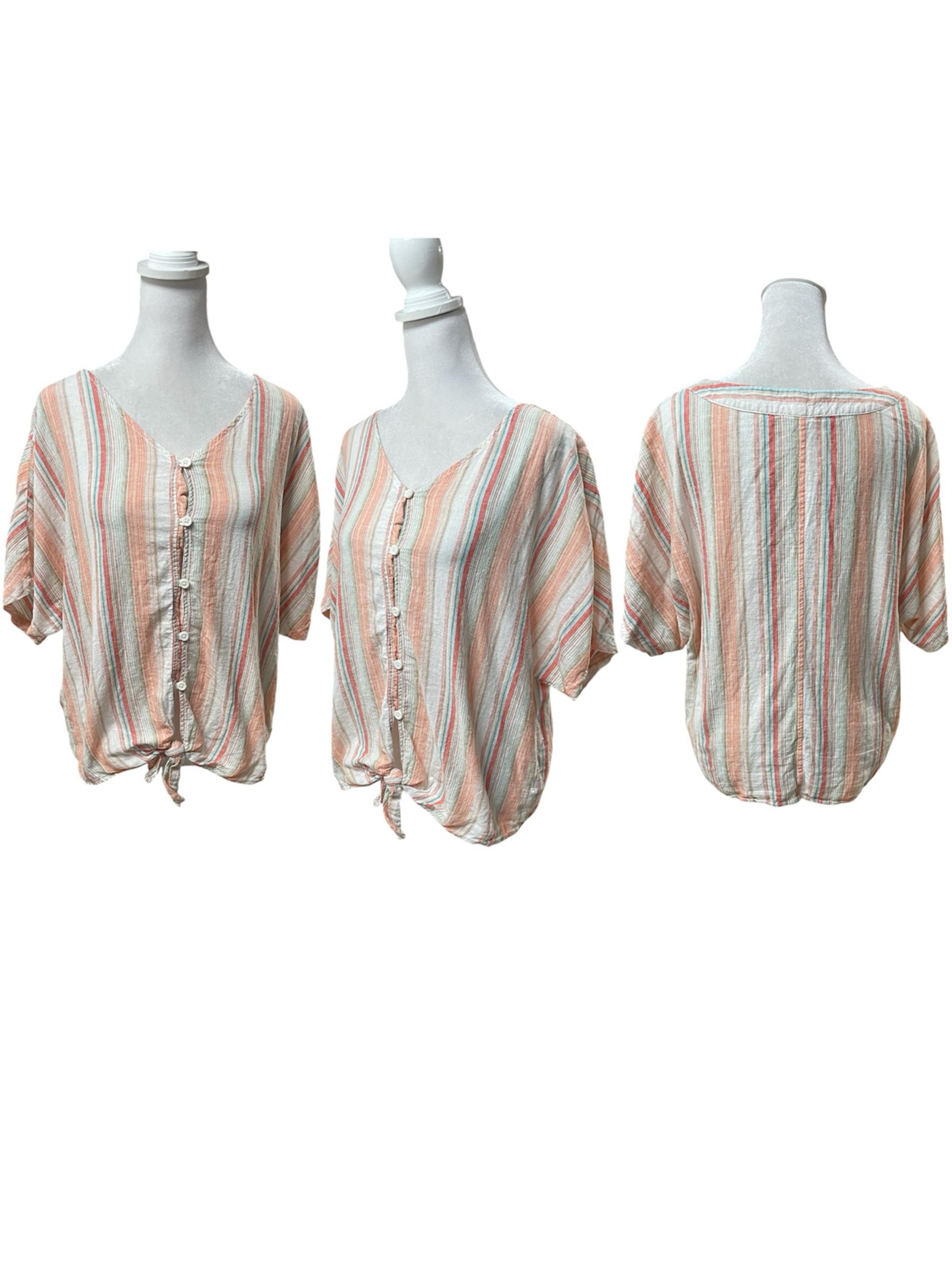 beachlunchlounge Multicolor Striped Linen / Cotton Button Down Tie Front Shirt M