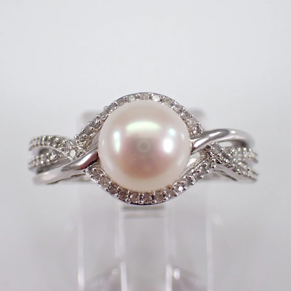Pearl and Diamond Engagement Ring - White Gold Dainty Bridal Setting
