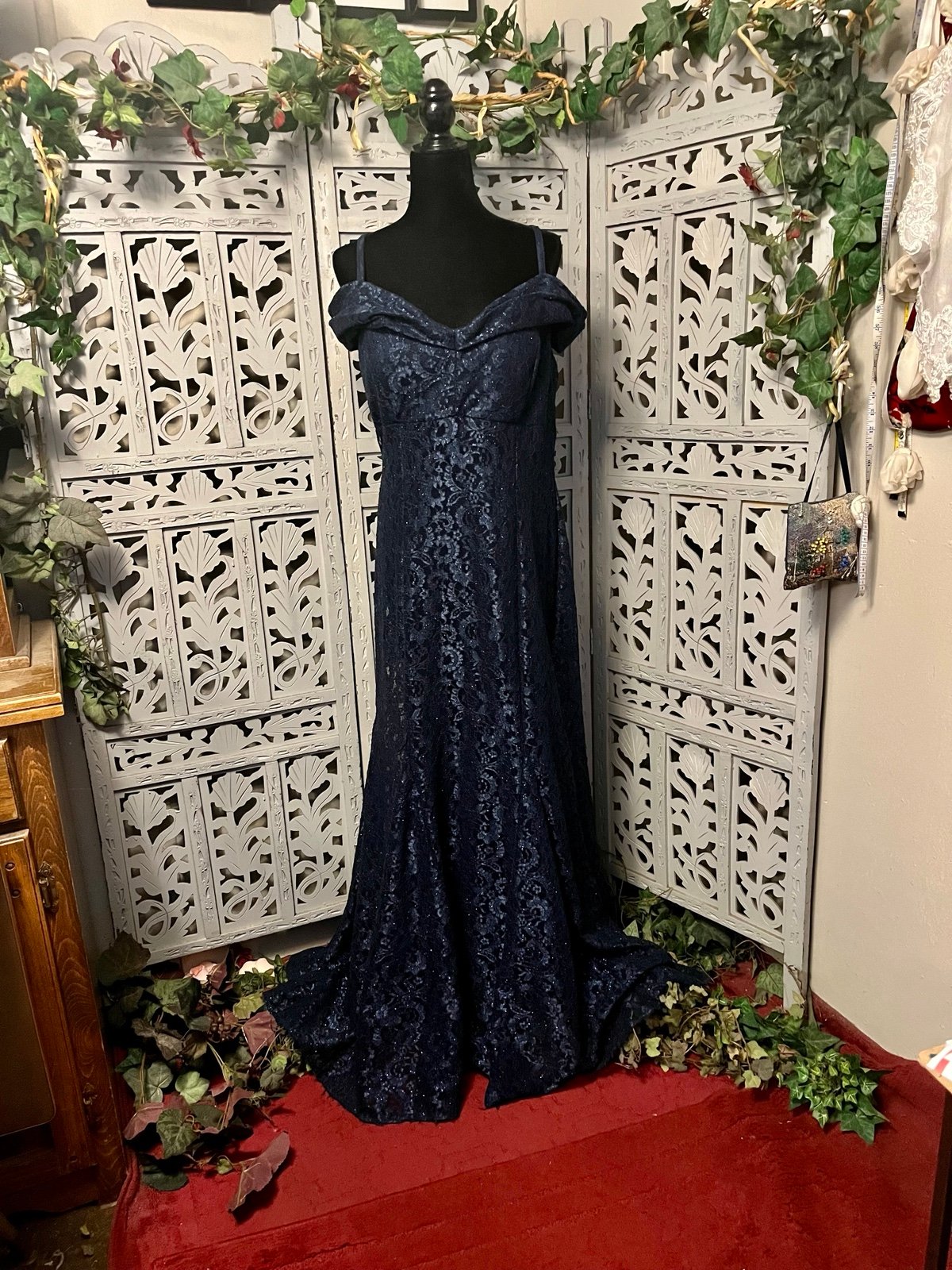 R&M RICHARDS GLAMOROUS MIDNIGHT BLUE SHIMMERY OFF SHOULDER FORMAL DRESS GOWN
