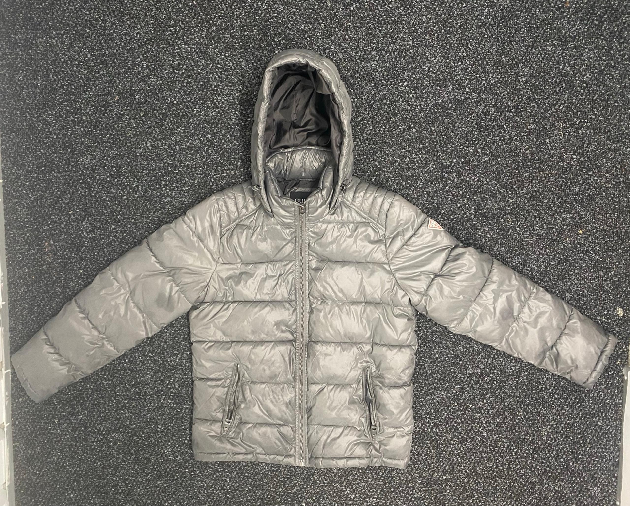 Men GUESS Removable Hooded Puffer Smoke Dark Gray Coat Jacket Medium M 119RN716