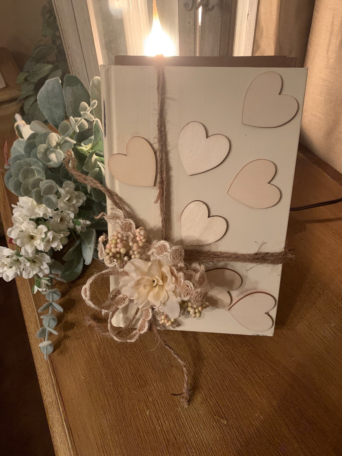 Decorative Book Bundle Beige with wood hearts, stack of Books New Handmade