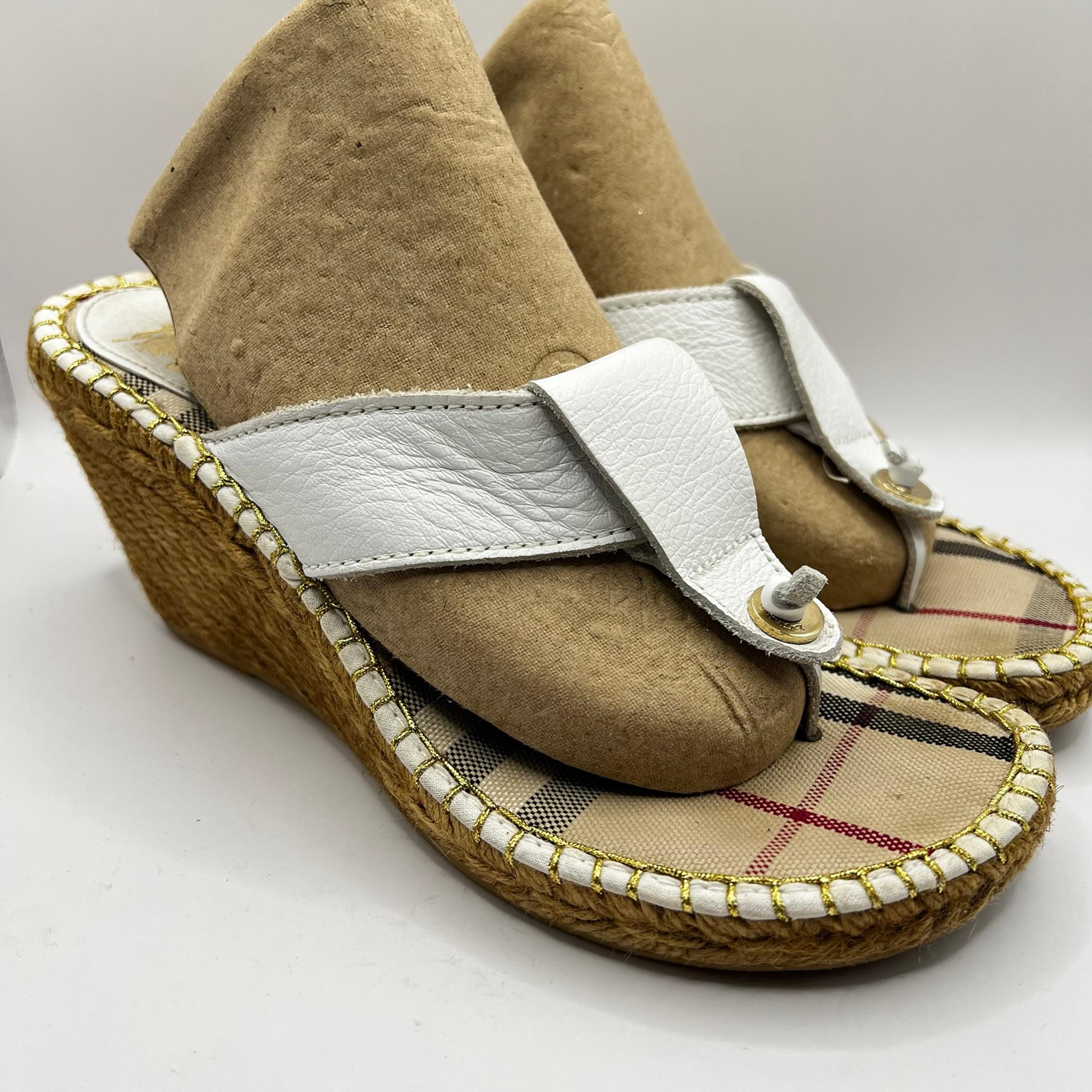 Burberry White Nova Check Espadrille Wedge Thong Sandals Women Size 39 US- 8