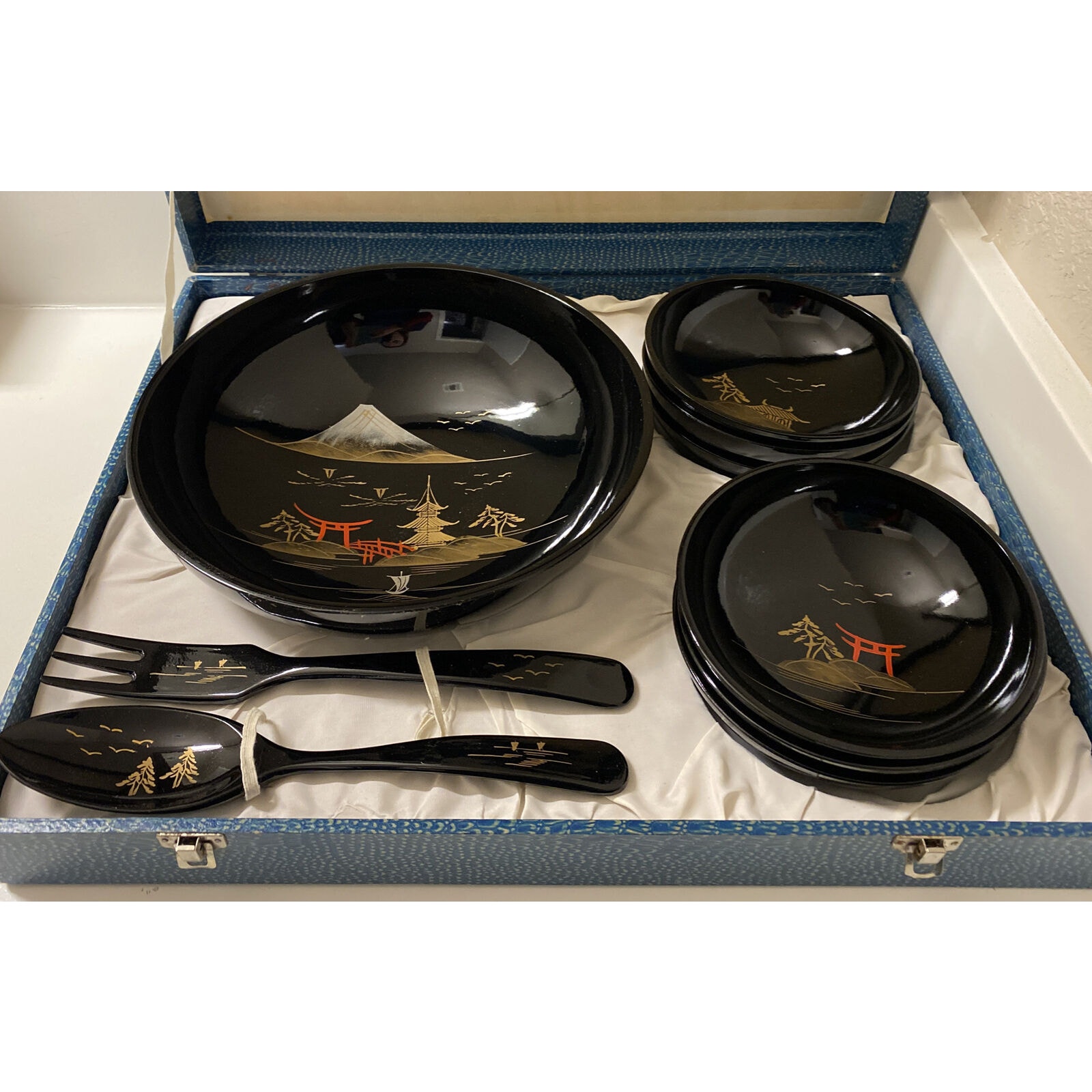 RARE Japanese Ramen Bowls Set 1 Large 6 Small Fork & Spoon Hand Painted VTG