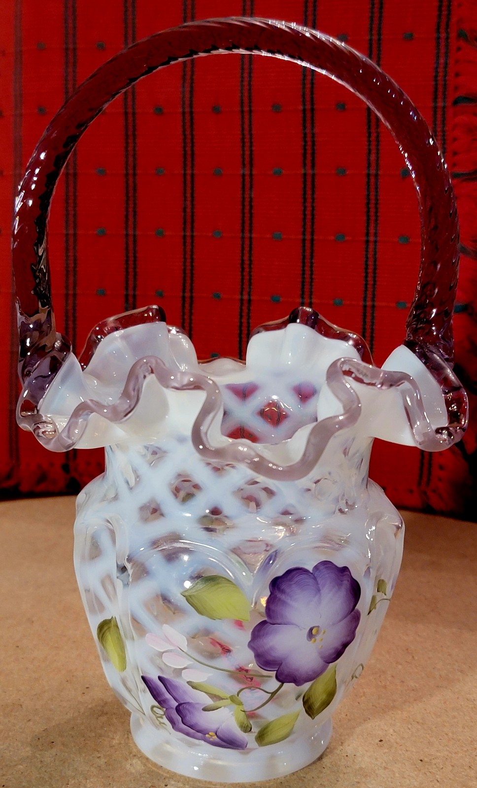 Fenton Glass Basket White Lattice Purple Handle Floral Hand Painted Signed