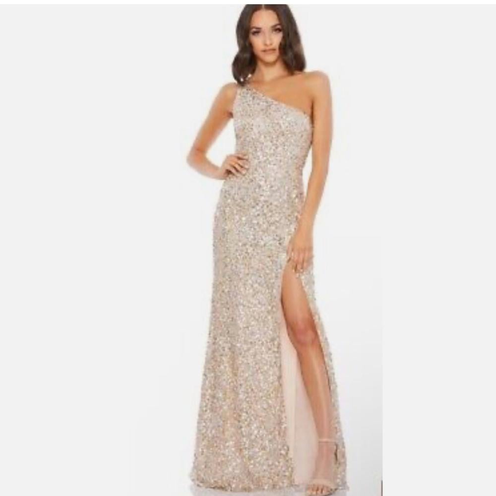 Mac Duggal (328) Size 10 Sequin One Shoulder Gown Gold Silver High Slit Dress