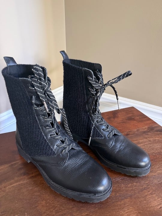 Black Leather & Knit Lace-Up Mid-Calf Boots