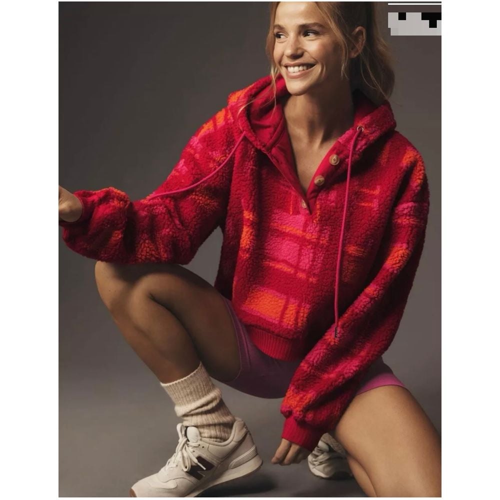 Anthropologie Porridge Quinn Sherpa Fleece Hoodie Size Medium Pink Plaid NWT