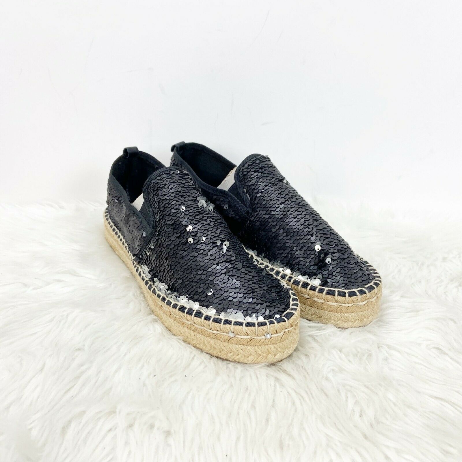 Anthropologie Carmen Saiz 40 Womens Black Sequin Espadrille Flats