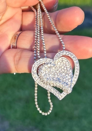 Sterling silver large Cubic Zirconia clear Stone Cluster pave Heart Pendant