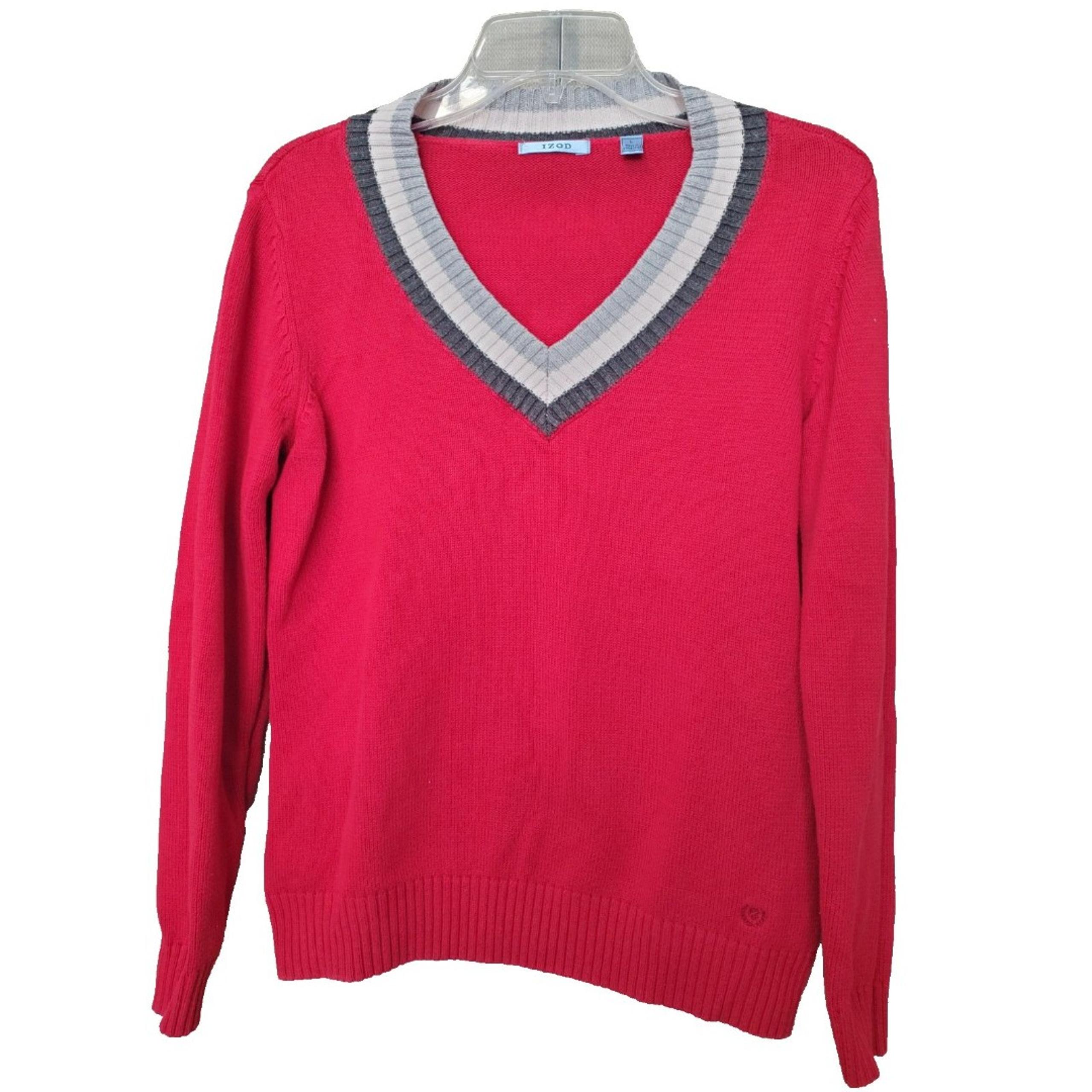 Izod Women's 100% Cotton Red V-Neck Tennis Sweater Vintage Size Large Preppy