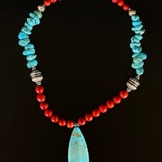 Auth. Turquoise & Red Sea bamboo coral silver necklace