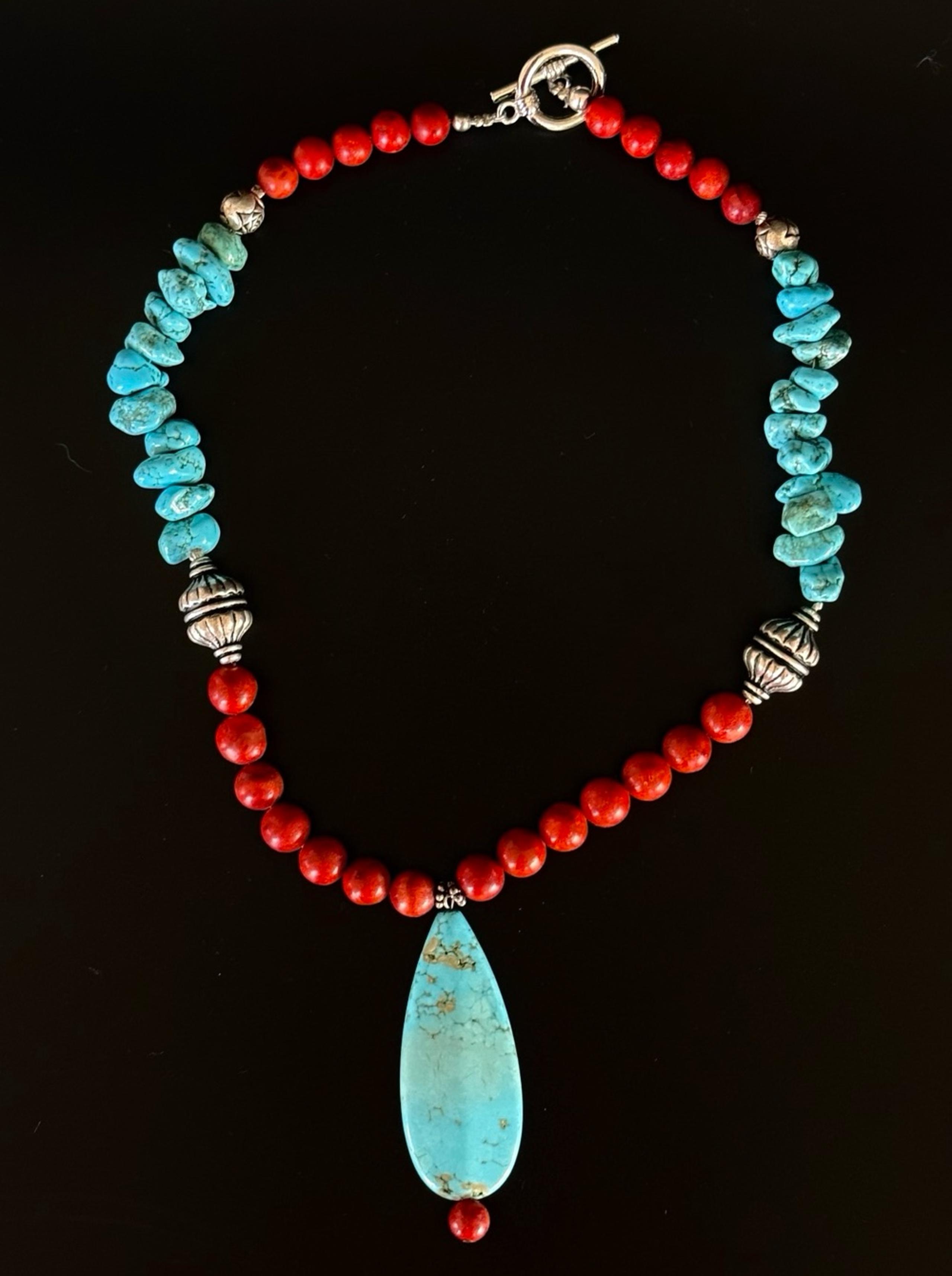 Auth. Turquoise & Red Sea bamboo coral silver necklace
