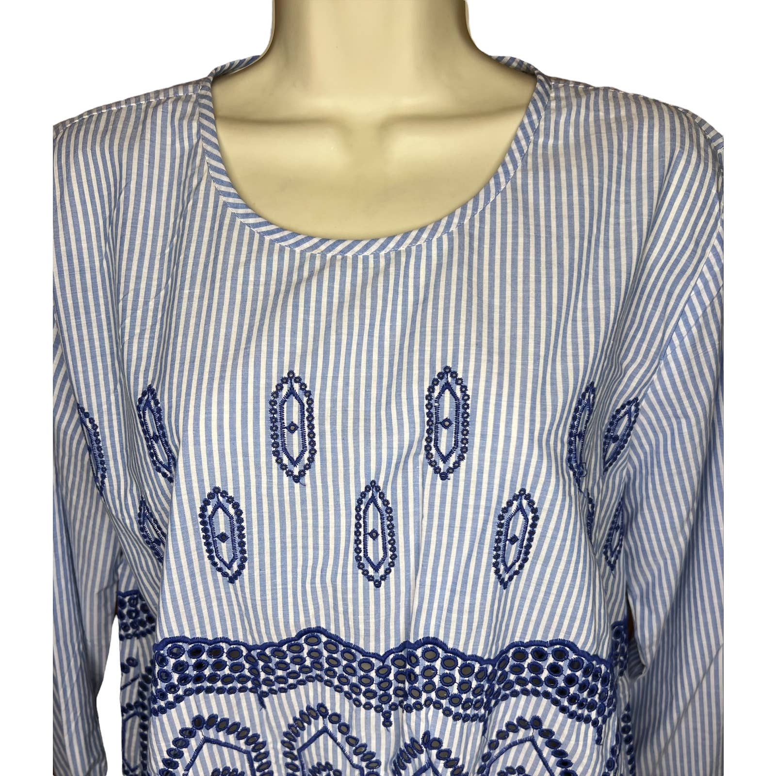 Masai Blue Striped Embroidered Eyelet Shirt NWT Size M