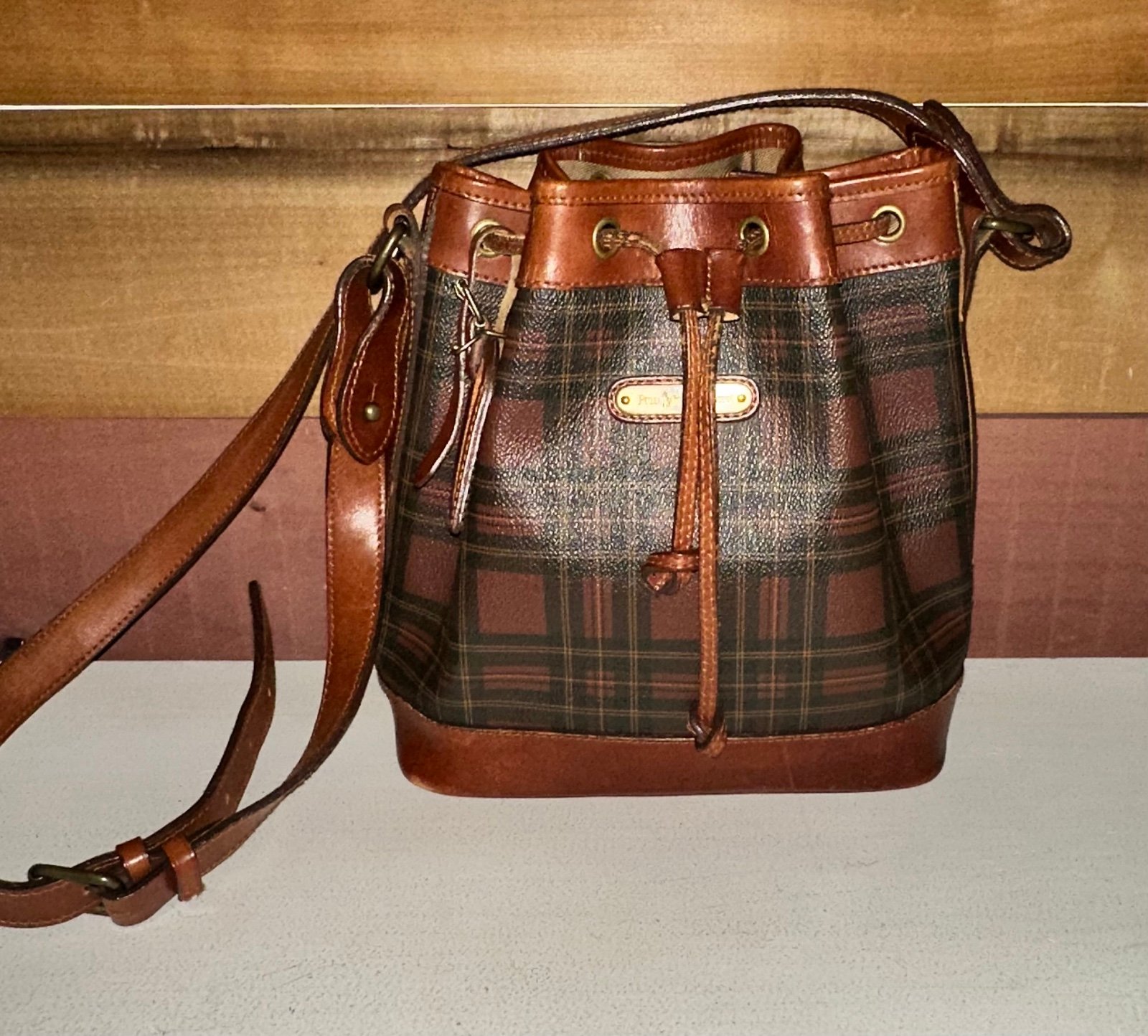 RALPH LAUREN POLO VINTAGE TARTAN BROWN LARGE PLAID BUCKET BAG