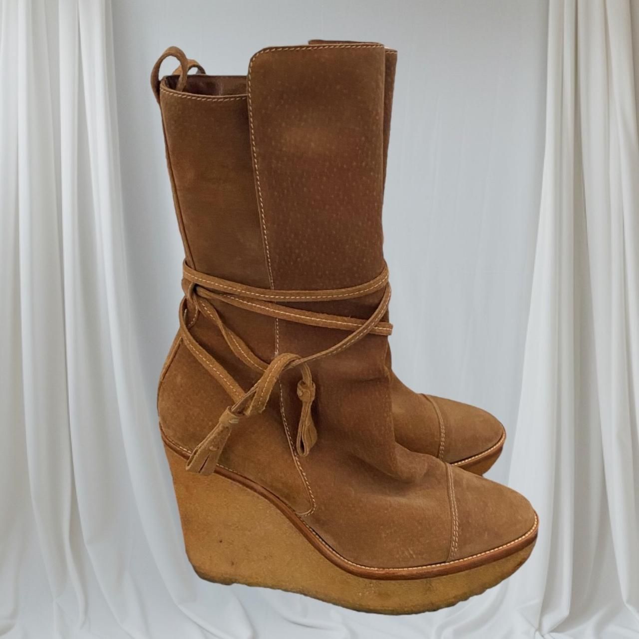 Yves Saint Laurent 90s Chunky YSL Platform Tan Suede Lace Up Boots EU 40 US 9.5