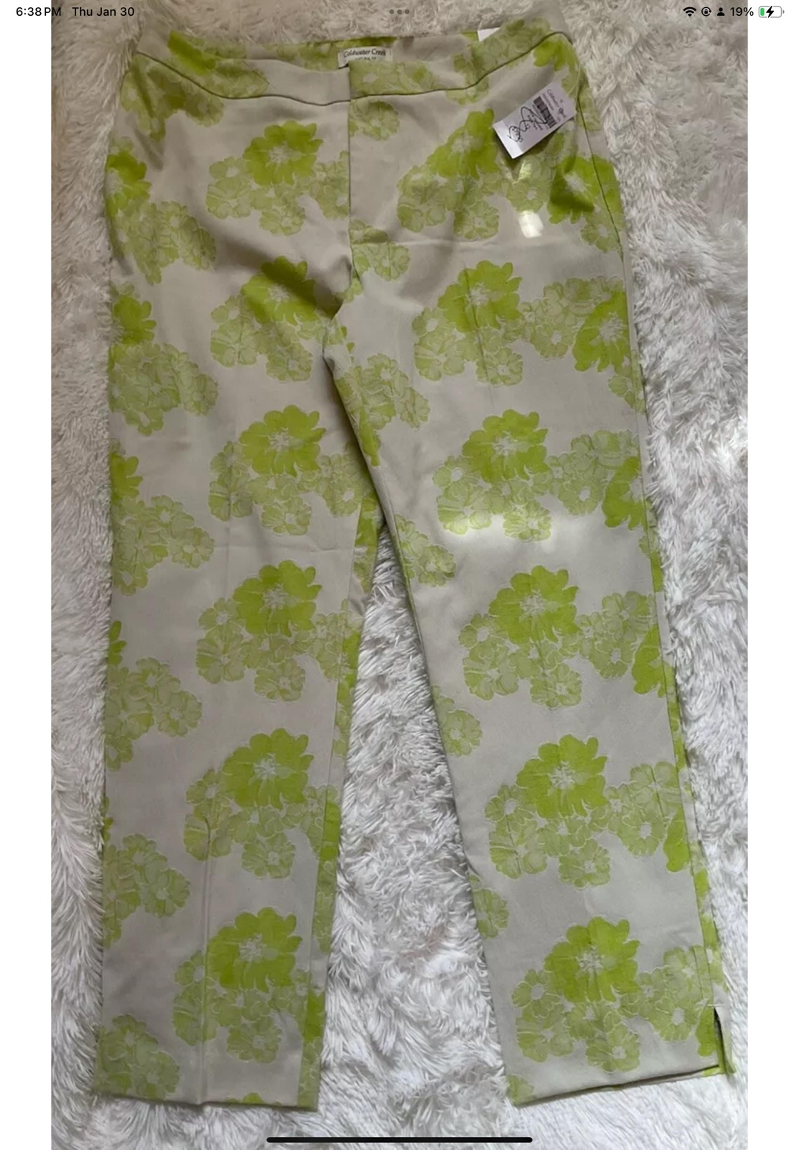 Coldwater Creek Natural Fit Floral Jacquard Ankle Pants Women's 12 White/Green
