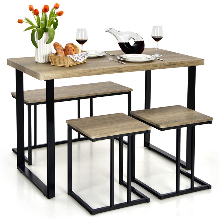 4-Piece Dining Table Set Industrial Dinette Set Kitchen Table w/Bench &2 Stools