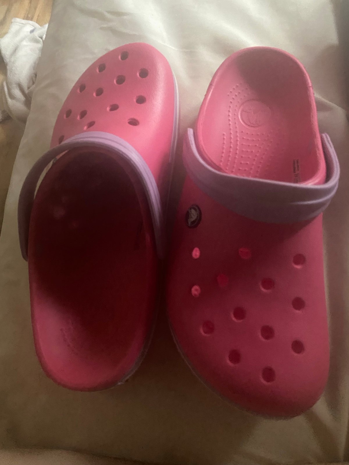 CROCS Women's Pink Purple Rubber Clogs Women’s 11 Men’s 9 White Band Shoe Shoes