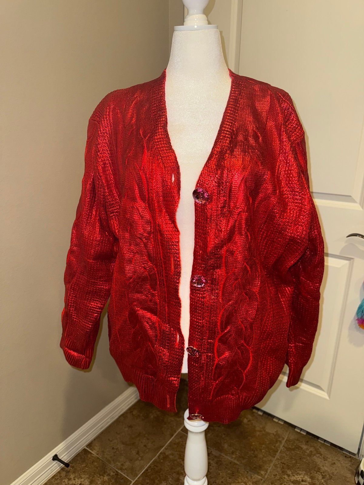 Queen of Sparkle Naughty Queen red metallic cardigan sweater XXL