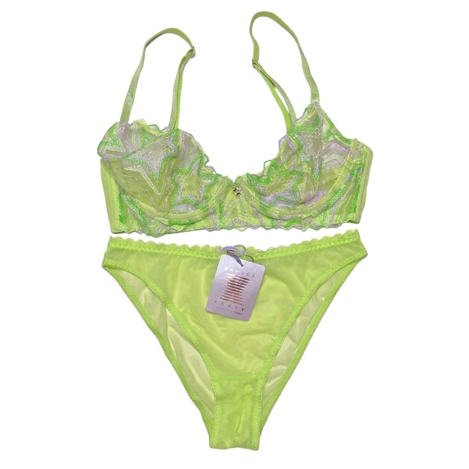 Savage X Fenty Shining Star Embroidered Unlined Demi Bra and Mesh Panty Set