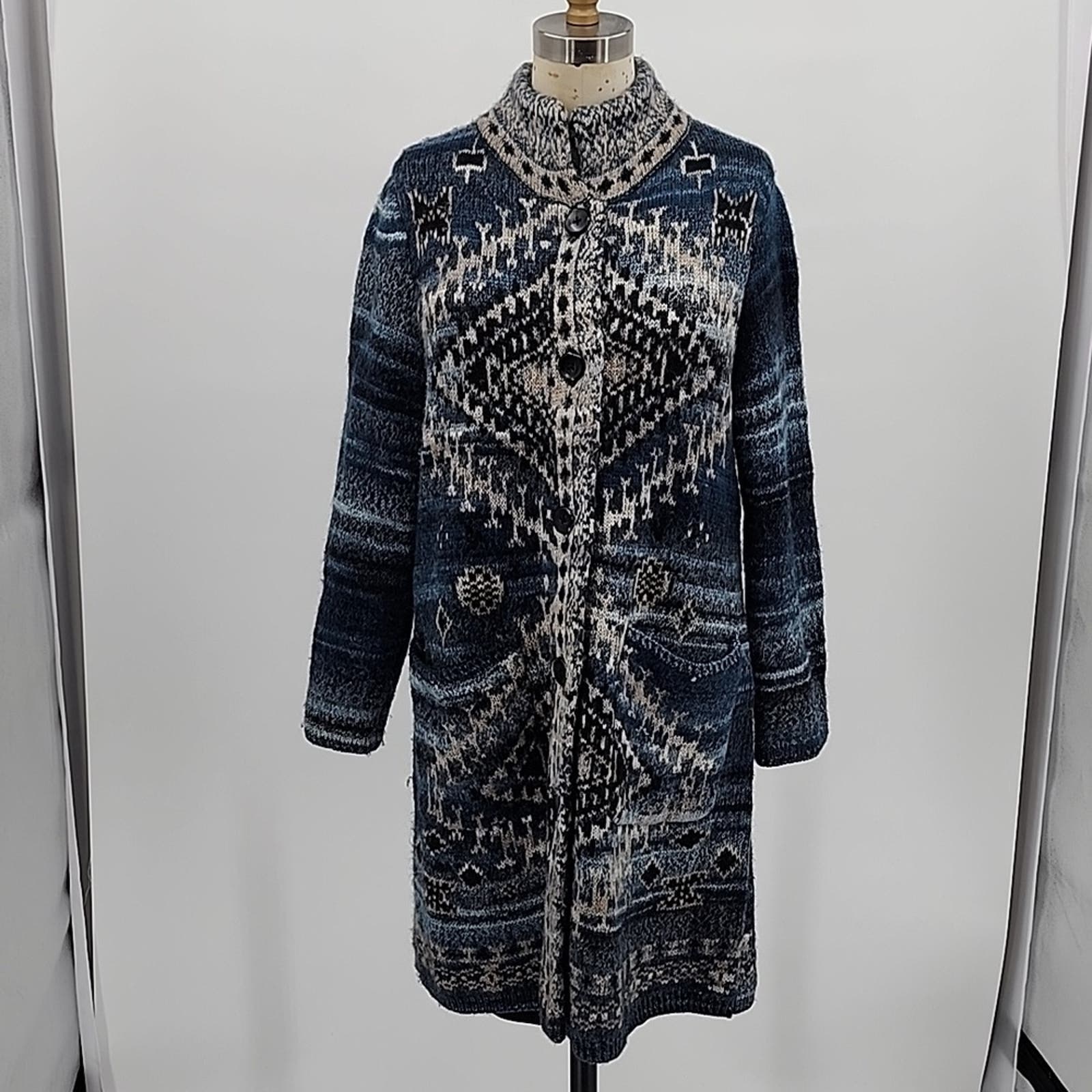 J. Jill Women's Wool Navajo Southwestern Knit Long Cardigan Sweater Coat Size MP