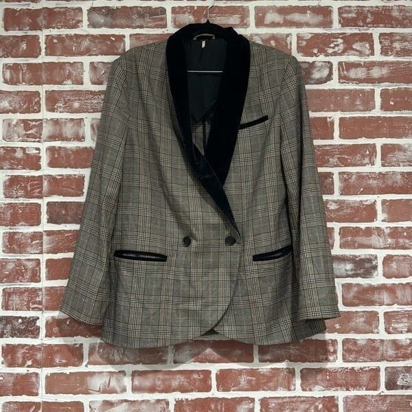 Free People Velvet Trim Blazer Plaid As Seen on TV Size XS Black Cream