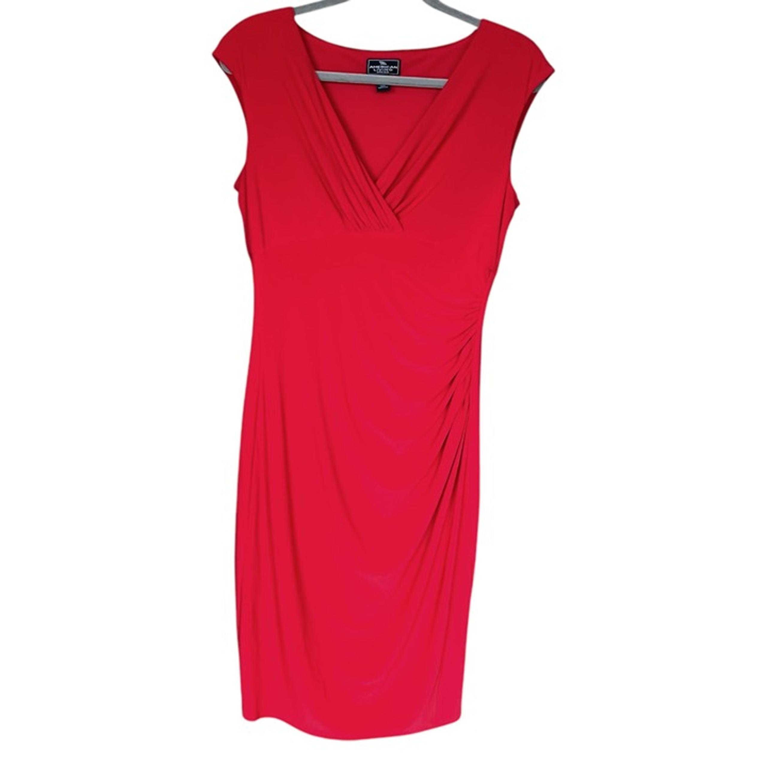American Living Womens Midi Dress Size 12 Red Ruched Surplice Bodycon Cap Sleeve