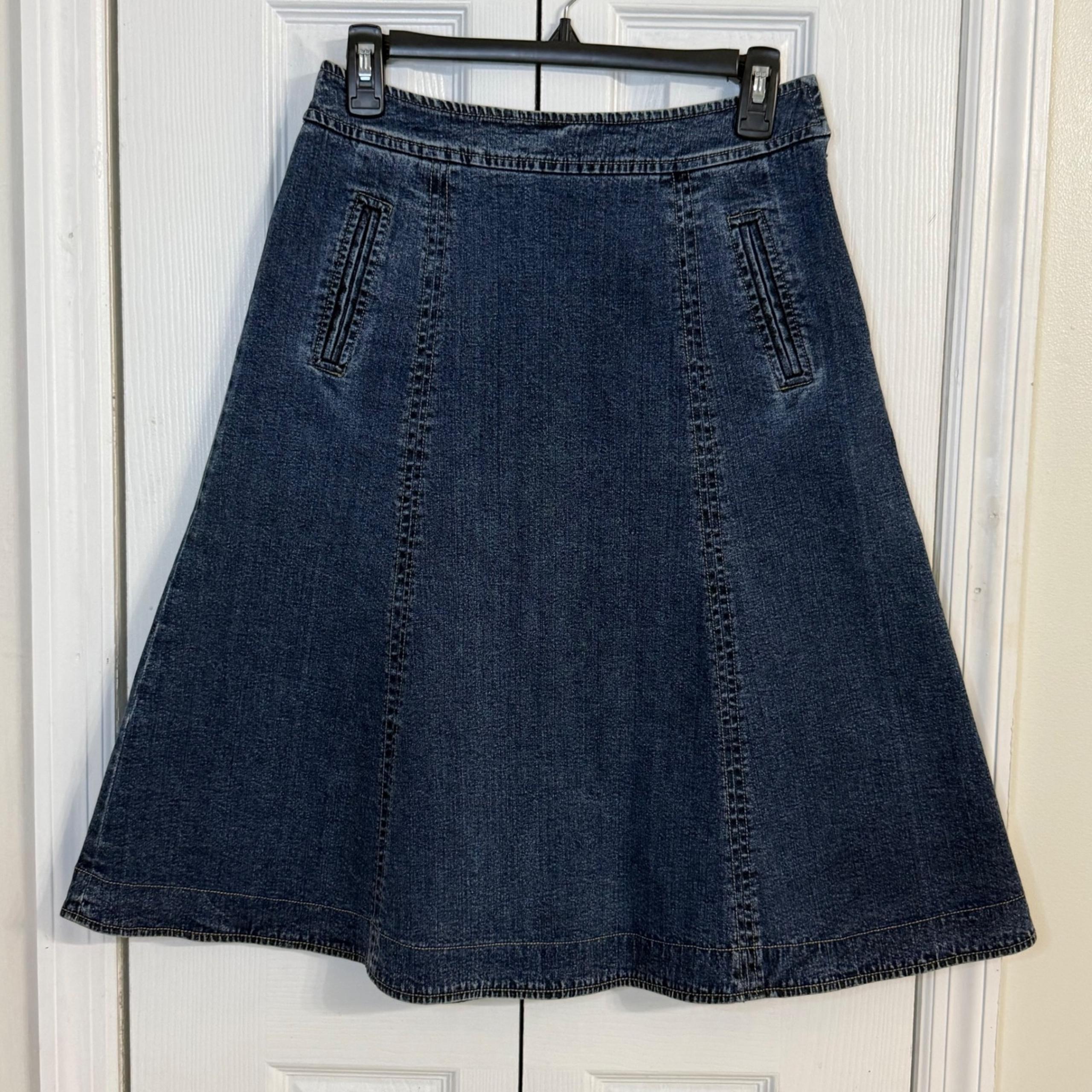 Garnet Hill Denim A-Line Skirt Pockets Dark Wash Casual Cotton Blend Size 4 Y2K