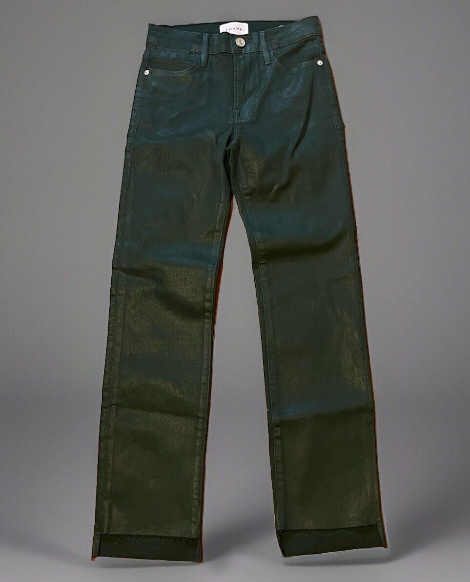 Frame Le High Straight Jeans Pine Green 24 Stretch Denim Hi Lo Hem Coated Shine