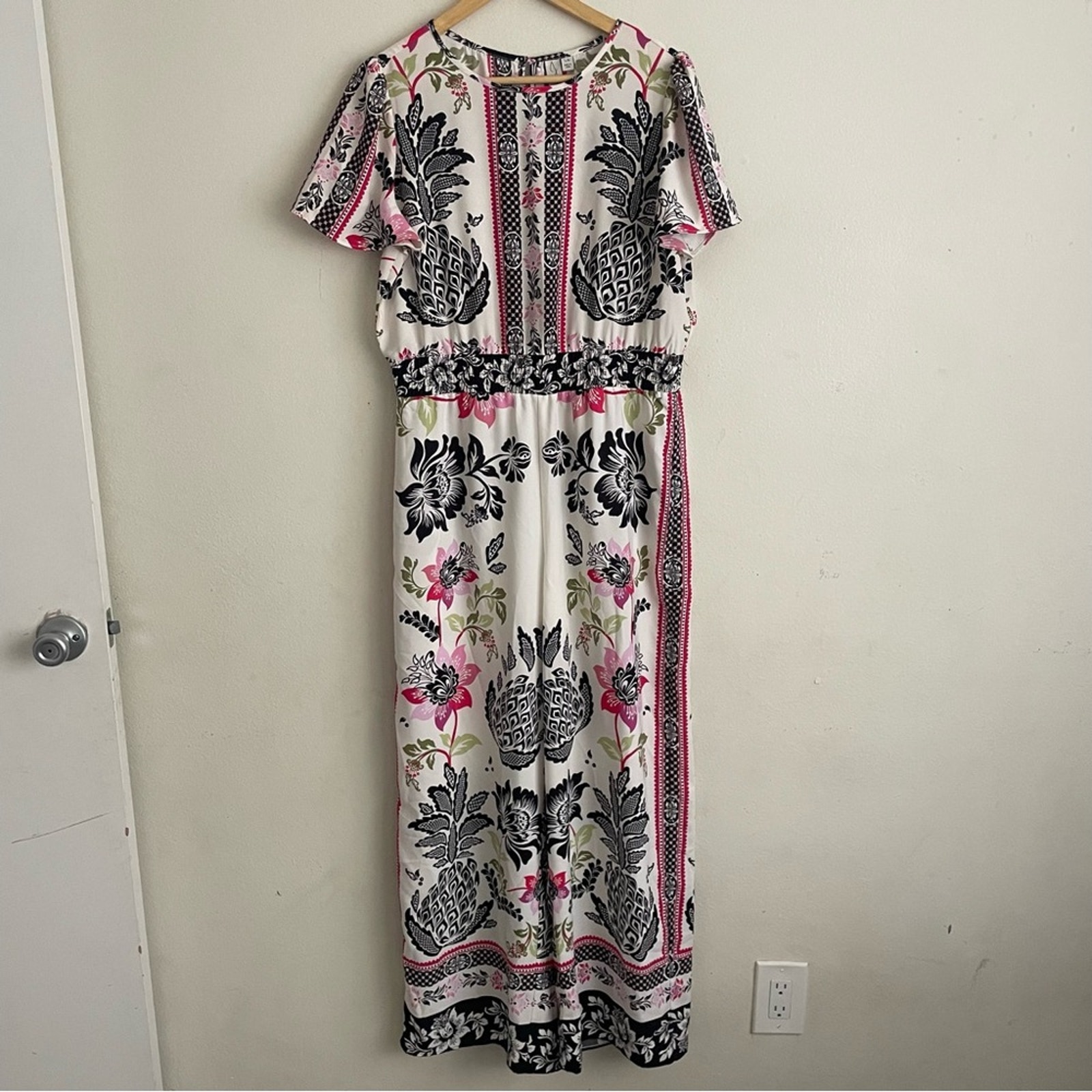 Joie Tropical Pineapple Print Jumpsuit Short Sleeve, Keyhole Back, Size Large