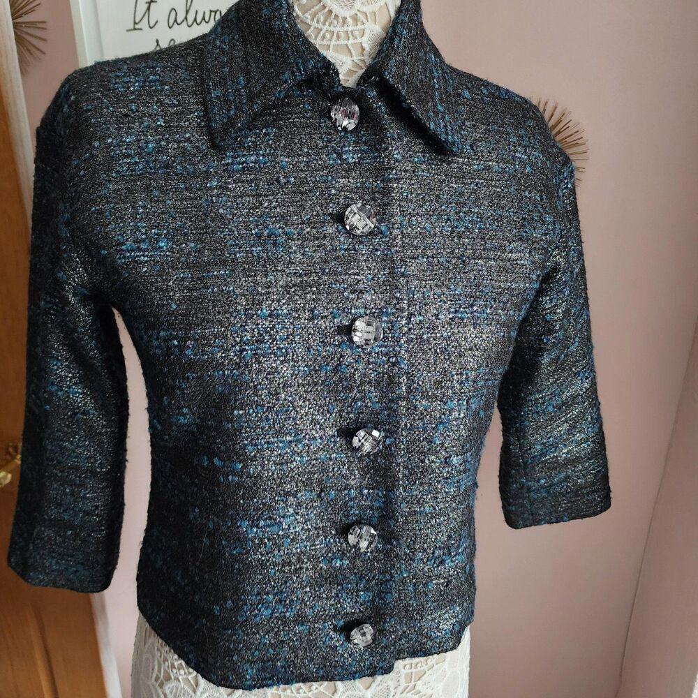 Worth New York Peacock Lurex Boucle Chic blazer blue black metallic 2 jacket