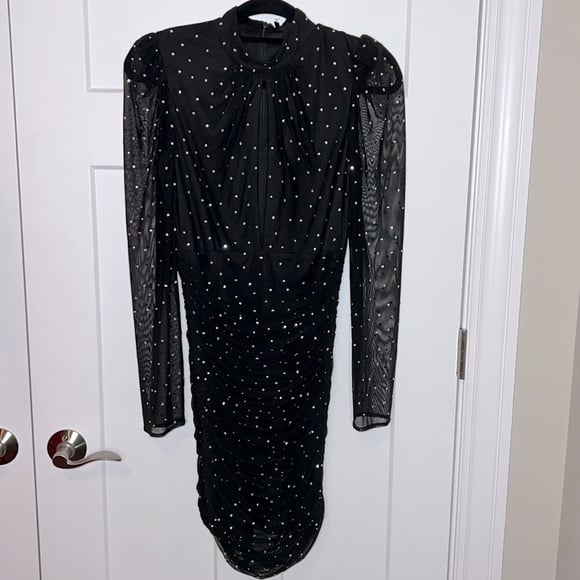 NWT 2025 Sample Mac Duggal 2141 - Long Sleeve High Neck Ruched Knee Length Dress
