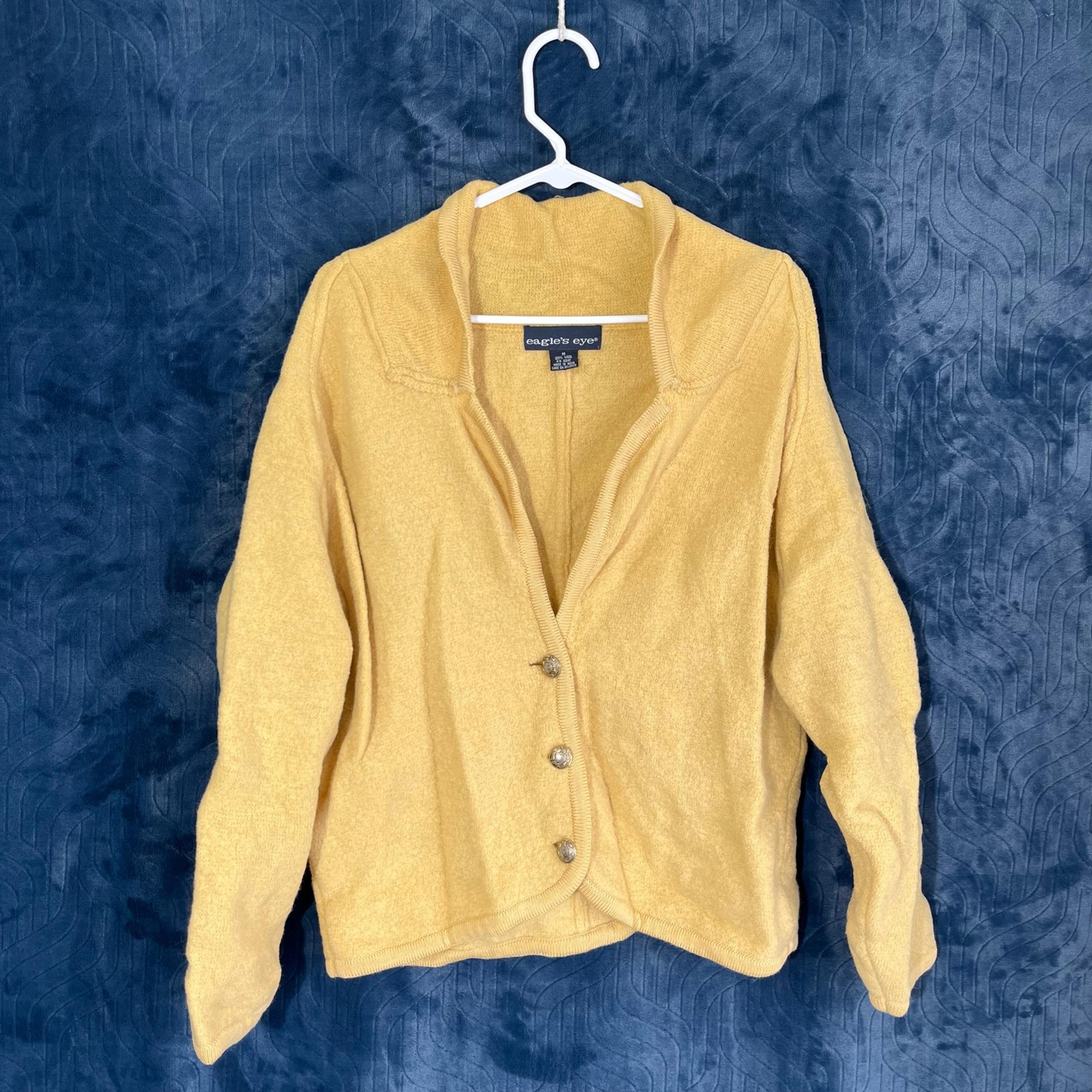 Vintage Womens Eagle's Eye Yellow WOOL Knit Cardigan Sweater Size Medium