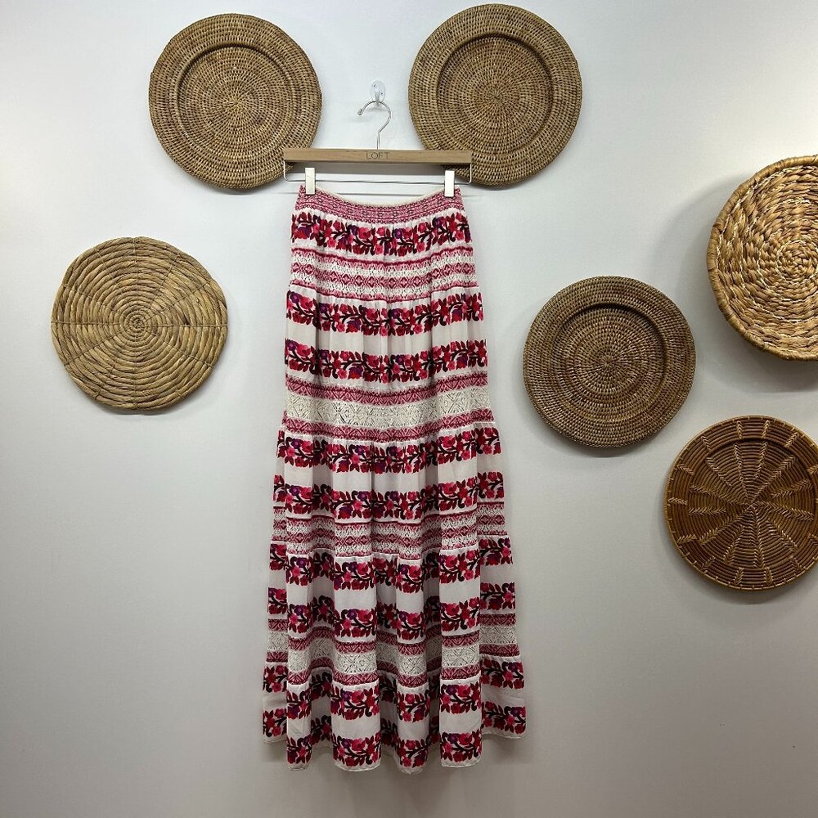 260 Anthropologie Cecilia Prado Red White Flower Floral Boho Maxi Skirt XS