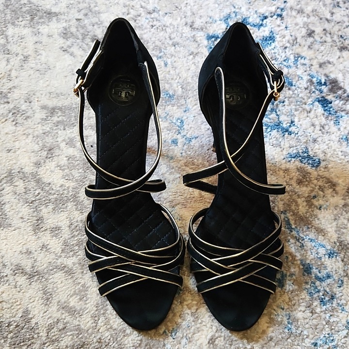 Tory Burch Women's Size 8.5 Breanna Black Gold Suede Leather Strappy Heels