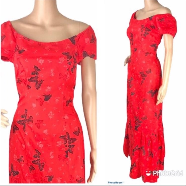 Red Black Butterfly Maxi Dress Xs-Sm