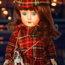 Antique Welsh Bisque Head Doll 14 inch All Bisque Adorable Dress with Hat & Pup