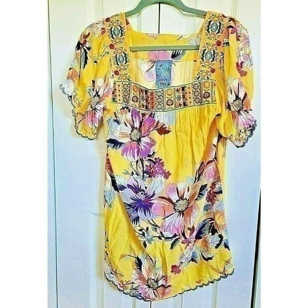 Johnny Was XS Brisbane Yellow Bali Floral Embroidered Multi Color Top XS NWT