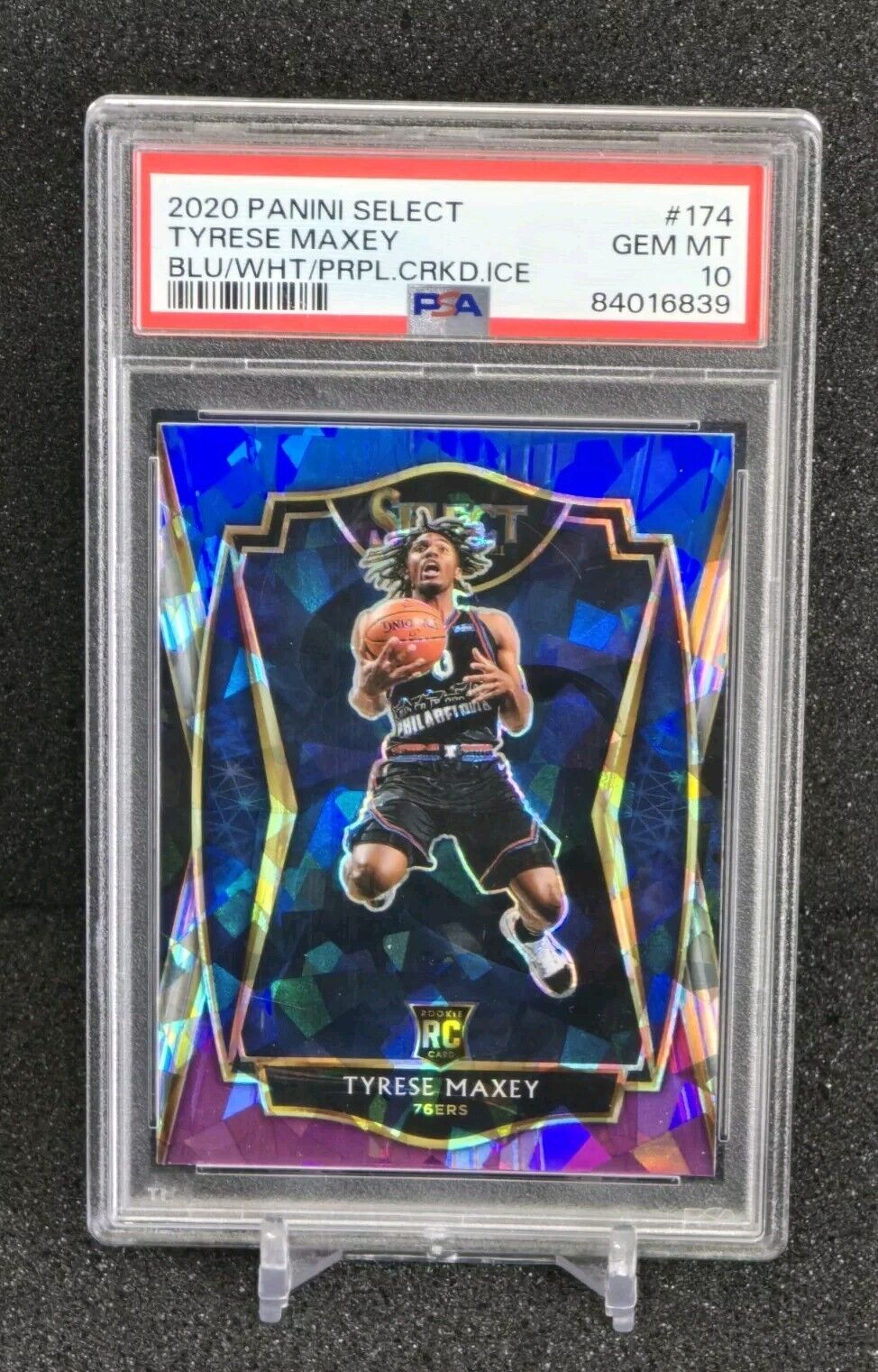 2020 Select Blue White Purple Cracked Ice Prizm #174 Tyrese Maxey RC PSA 10