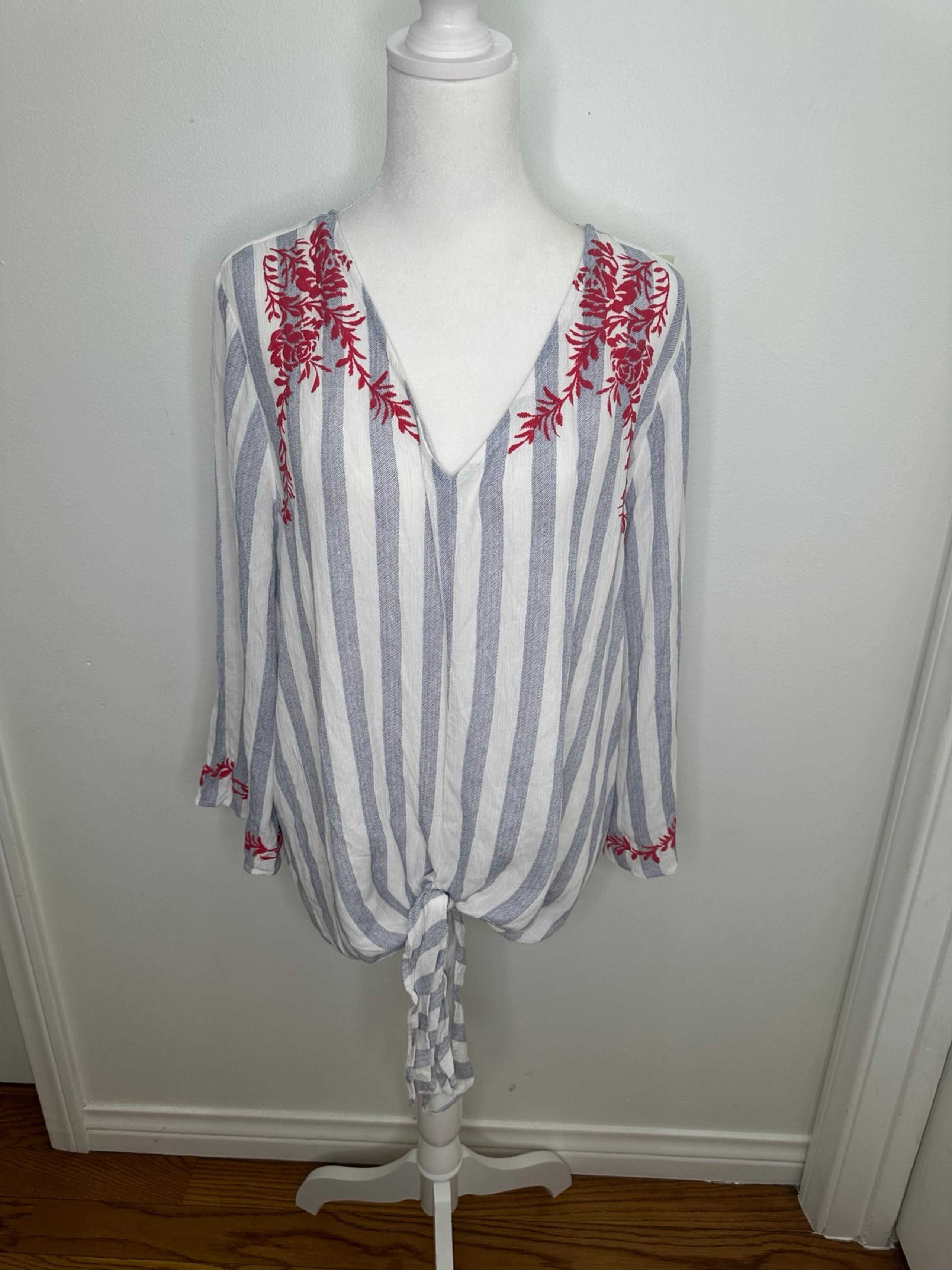 Absolutely Famous Blouse Women's Blue White Stripe Floral Tie Front Top SZ XL